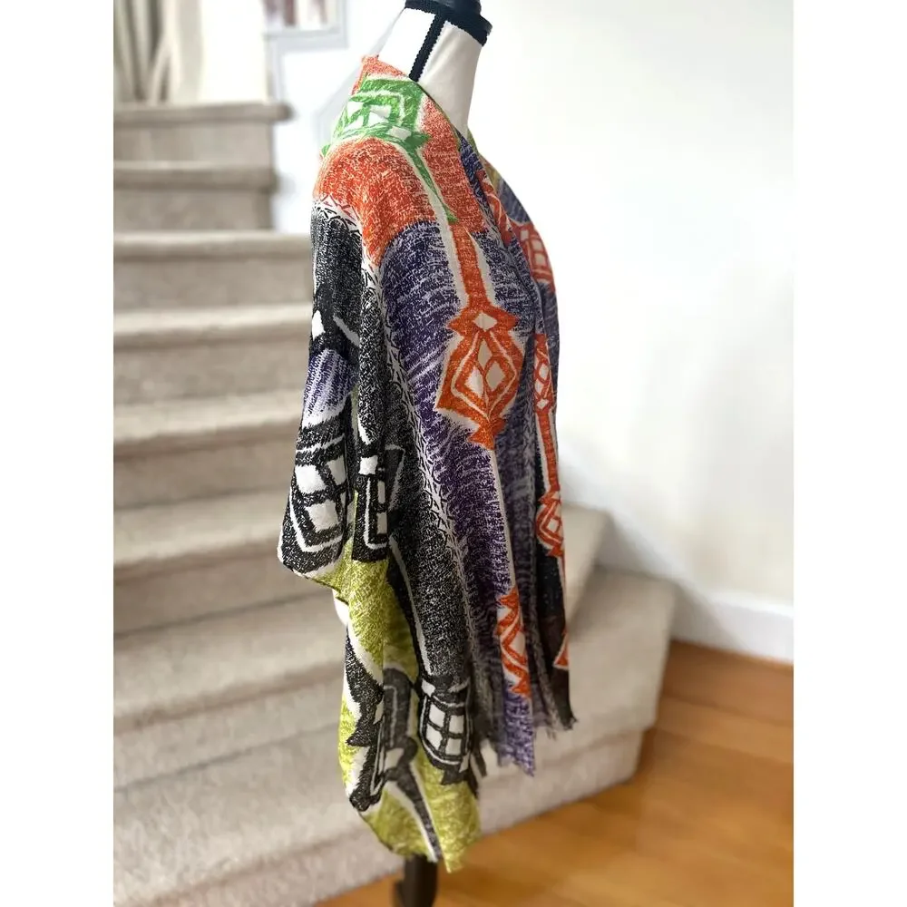 Echo Silk Cotton Wool Orange, Purple, Green Tribal Boho Mosaic Scarf Wrap
